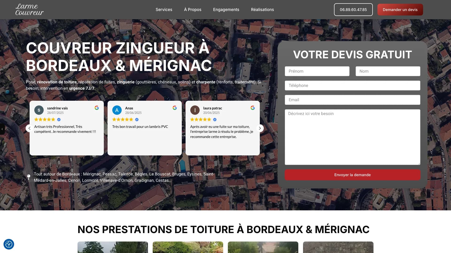 Site vitrine Larme Couvreur - couvreur zingueur à Bordeaux et Mérignac