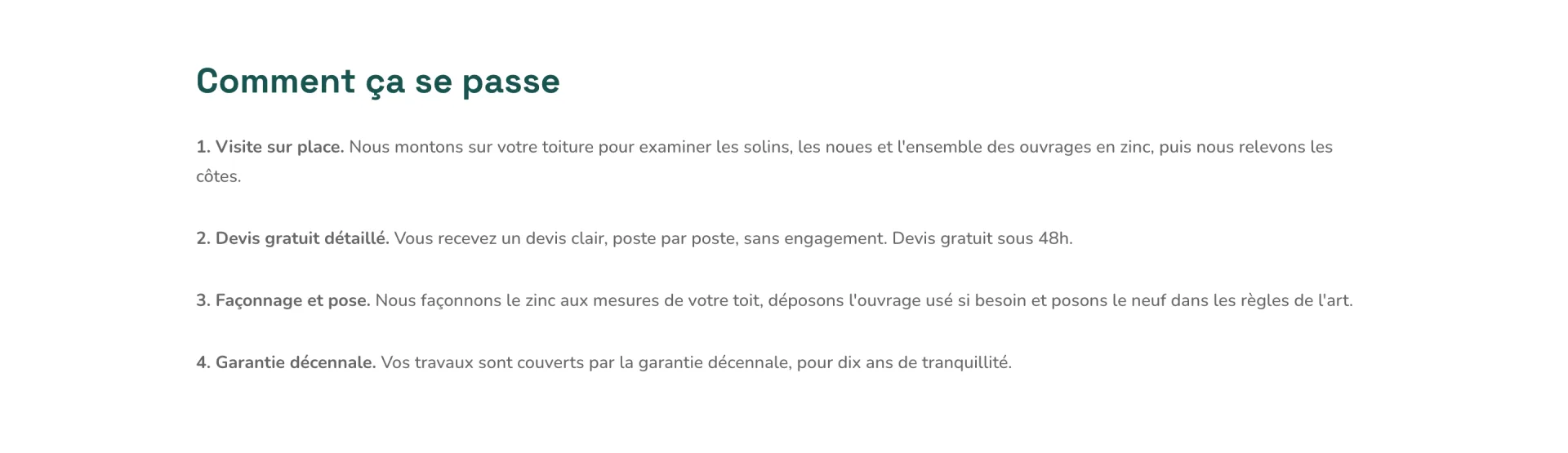 ADB Couverture - Page Zinguerie : le déroulé d'un chantier en 4 étapes, de la visite sur place au devis gratuit sous 48h, jusqu'à la pose couverte par la garantie décennale.