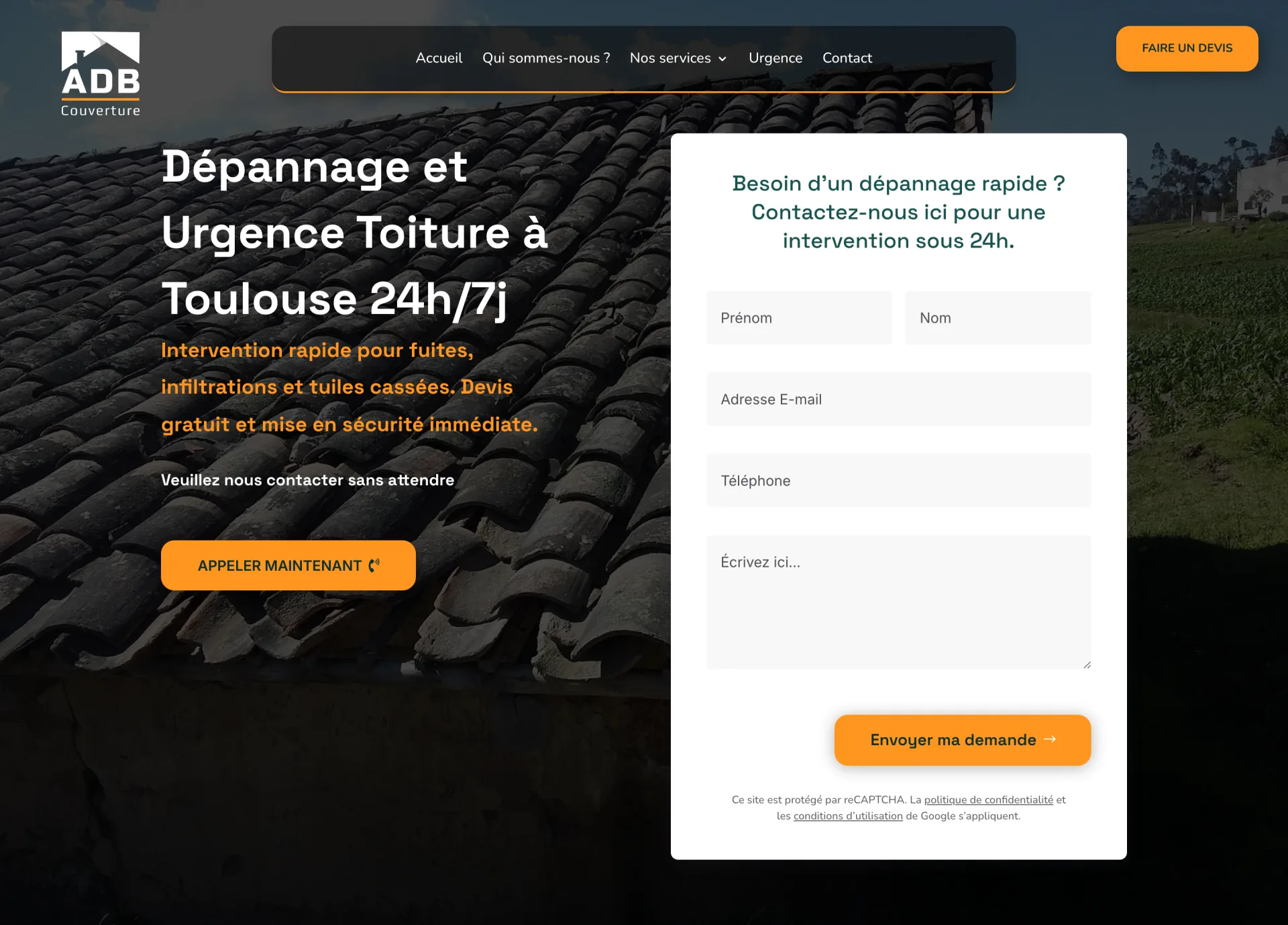 ADB Couverture - Page Urgence fuite : le dépannage toiture 24h/7j avec appel direct, promesse d'intervention sous 24h et formulaire de mise en sécurité immédiate.