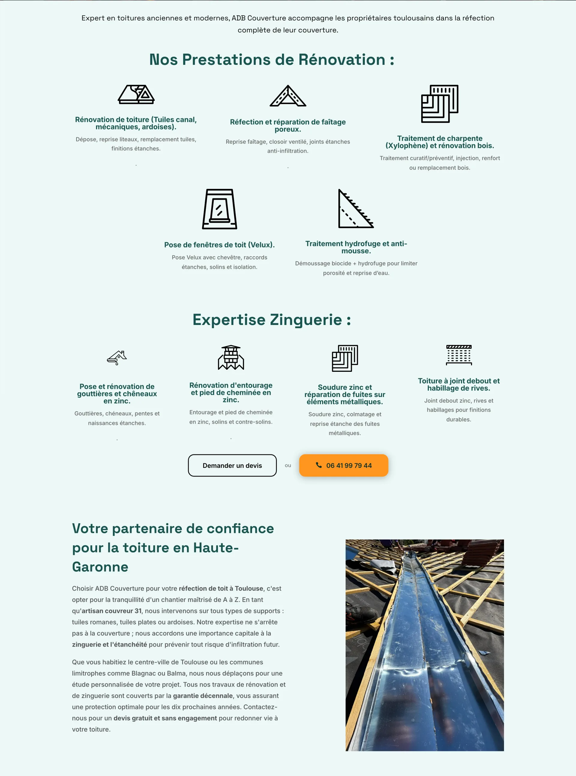 ADB Couverture - Page Rénovation toiture et zinguerie : les 9 prestations détaillées avec icônes (tuiles, faîtage, charpente, Velux, hydrofuge, gouttières zinc, cheminée, soudure, joint debout) et la zone d'intervention Toulouse et Haute-Garonne.