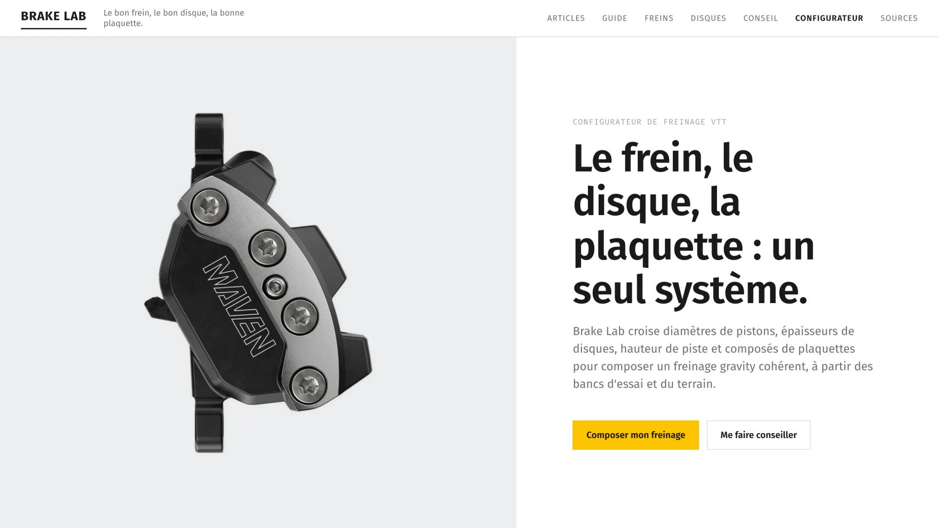 Brake Lab - Accueil : le positionnement en une phrase, le frein, le disque et la plaquette pensés comme un seul système, avec deux entrées, composer ou se faire conseiller.