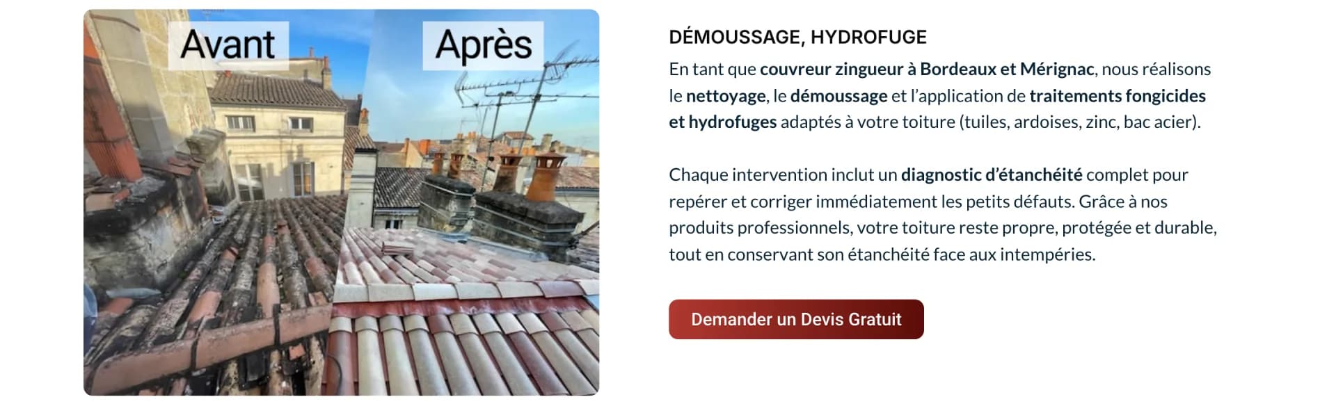 Larme Couvreur - Accueil, entretien de toiture : démoussage, traitement hydrofuge et fongicide sur tuiles, ardoises, zinc ou bac acier, avec diagnostic d'étanchéité inclus et demande de devis gratuit.