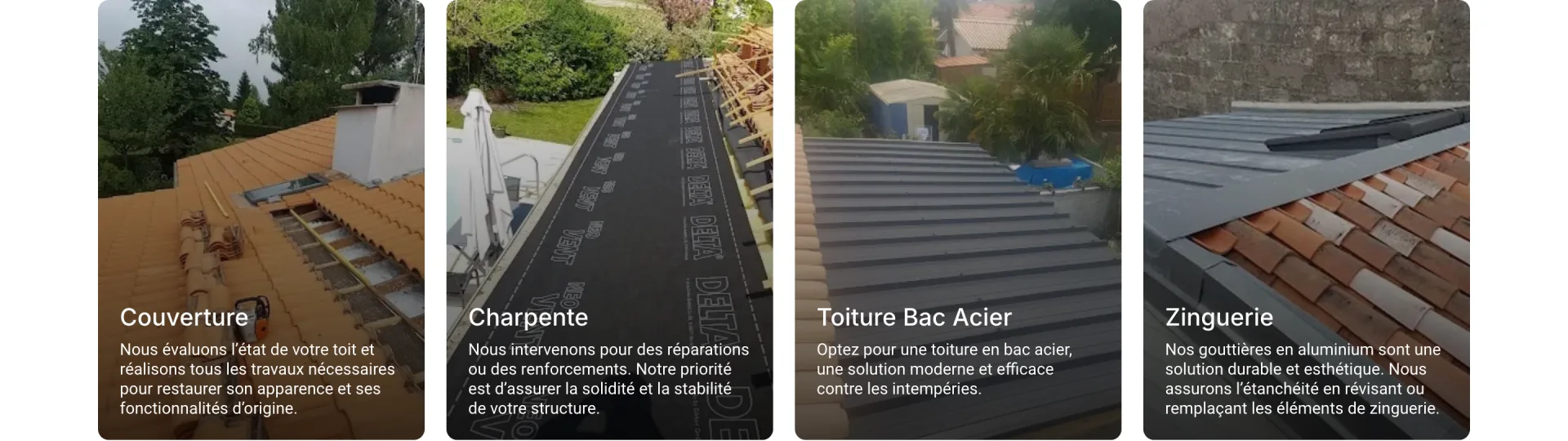 Larme Couvreur - Accueil, prestations : les quatre métiers de l'artisan, couverture, charpente, toiture bac acier et zinguerie, présentés en cartes claires pour orienter le visiteur en quelques secondes.