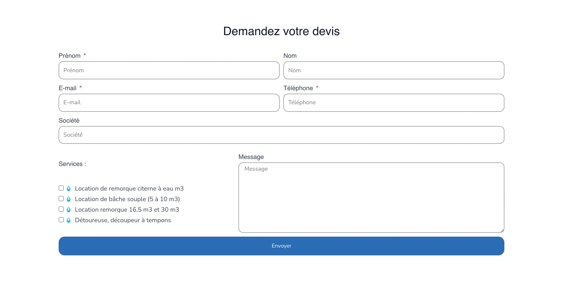 Le Porteur d'Eau - Le formulaire de devis qui centralise les demandes, avec le service coché dès la saisie.