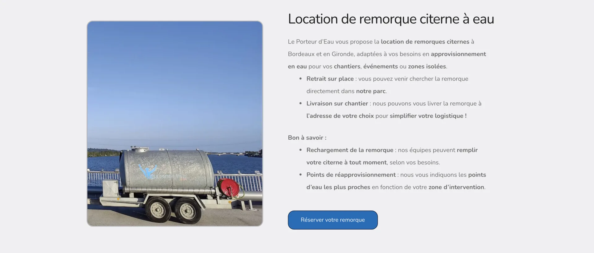 Le Porteur d'Eau - Page Services : la location de remorque citerne expliquée concrètement, retrait au parc ou livraison sur chantier, rechargement et points d'eau.