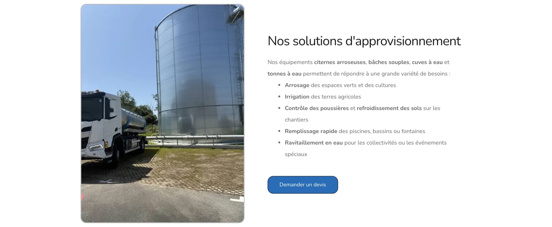 Le Porteur d'Eau - Page Services : les usages couverts (arrosage, irrigation, poussières de chantier, piscines, événements), pour que chaque cible se reconnaisse.