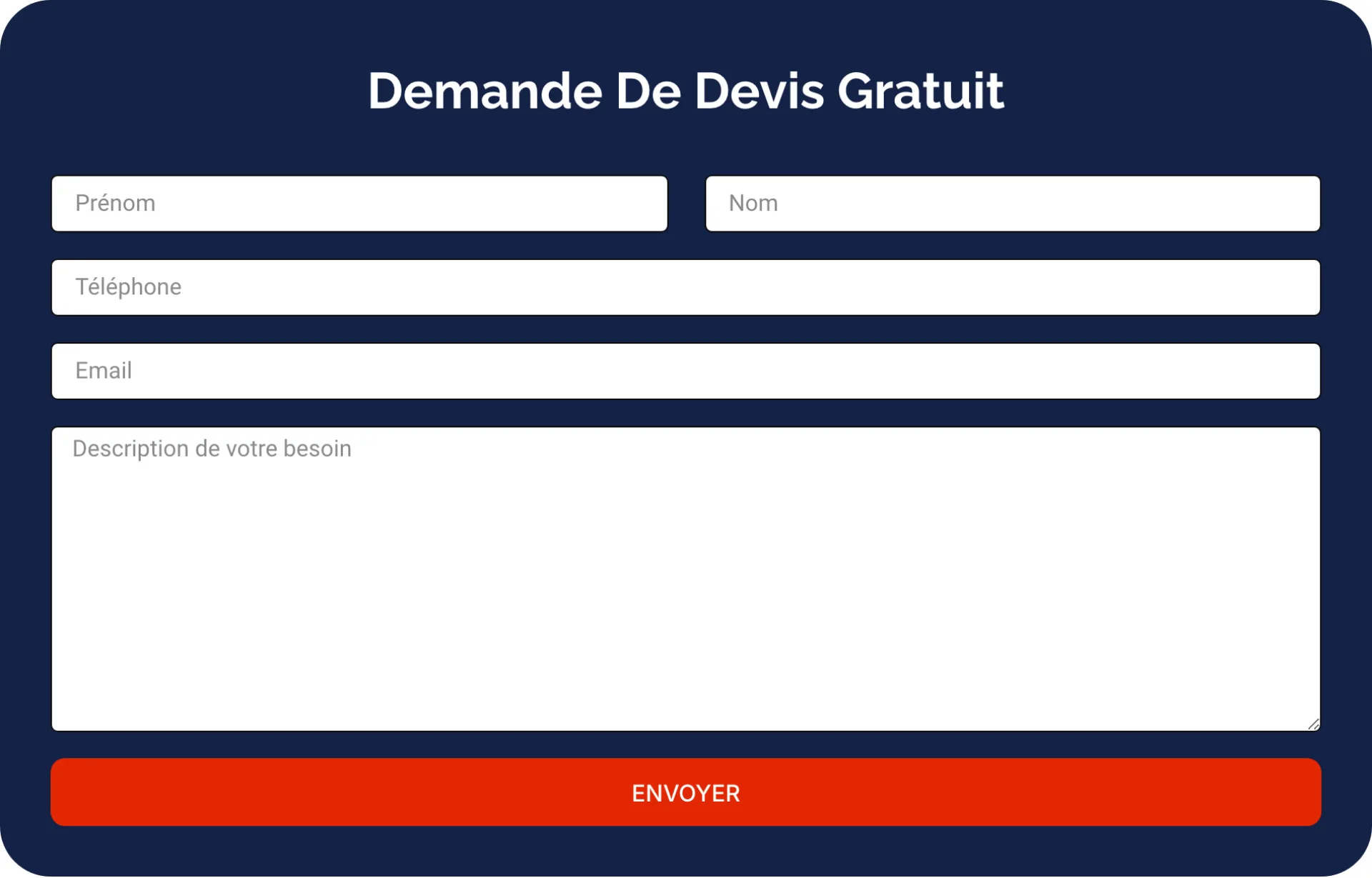 LVLA Couverture - Accueil, formulaire de demande de devis gratuit en bas de page : prénom, nom, téléphone, email et description du besoin, avant la page de remerciement.