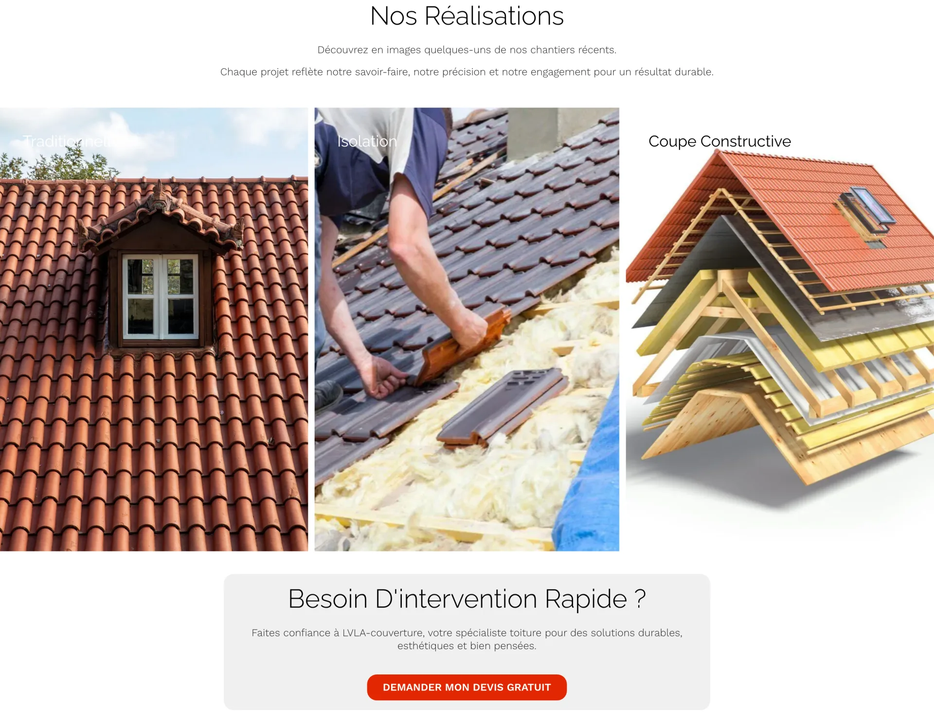 LVLA Couverture - Accueil, section Nos Réalisations : photos de chantiers récents (toiture traditionnelle, isolation, coupe constructive), suivies d'un bloc 'Besoin d'intervention rapide ?' avec bouton de devis.