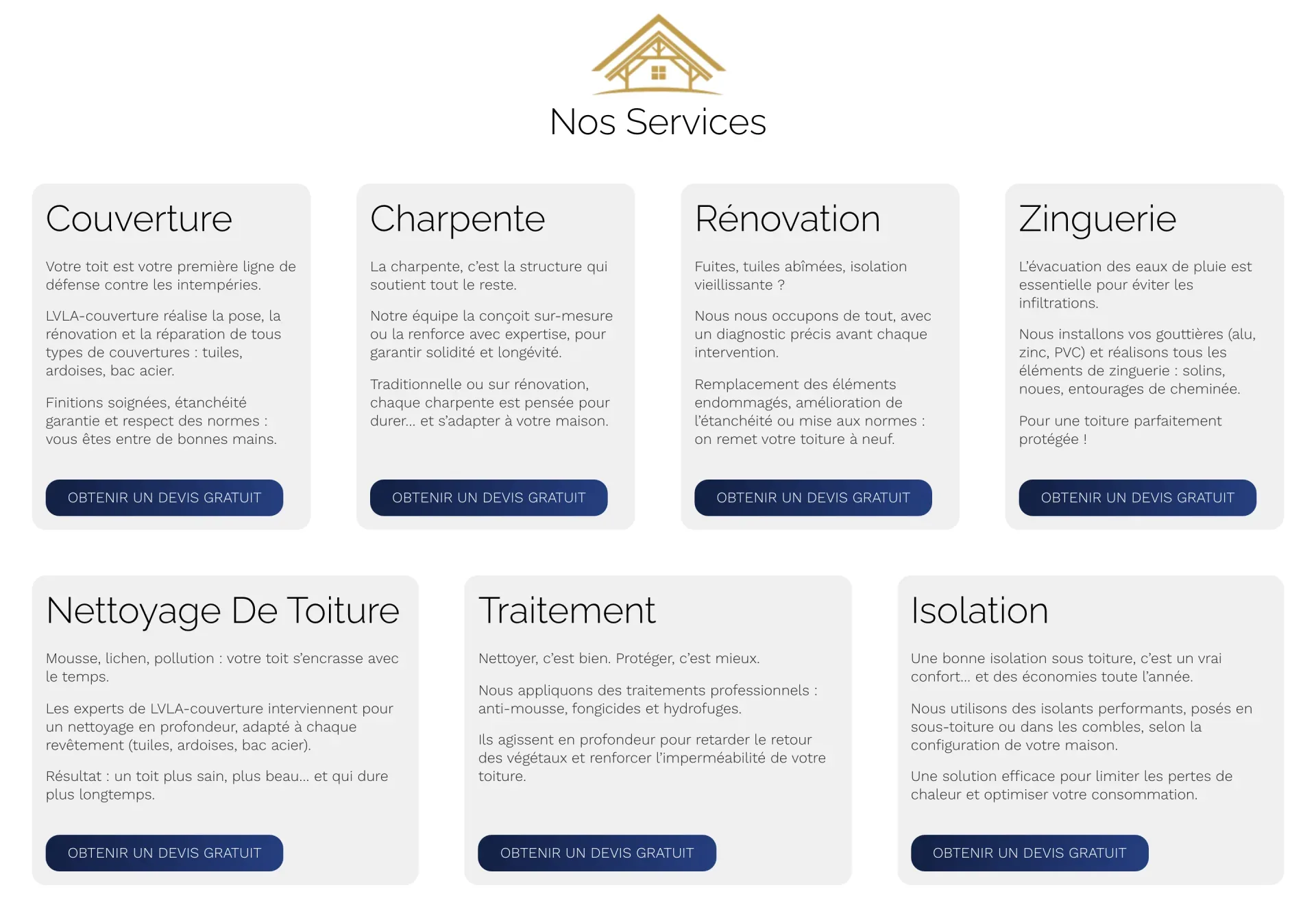 LVLA Couverture - Accueil, section Nos Services : les 7 prestations toiture de LVLA Couverture (couverture tuiles, ardoises et bac acier, charpente, rénovation, zinguerie et gouttières, nettoyage, traitement, isolation), chacune avec son bouton de devis gratuit.