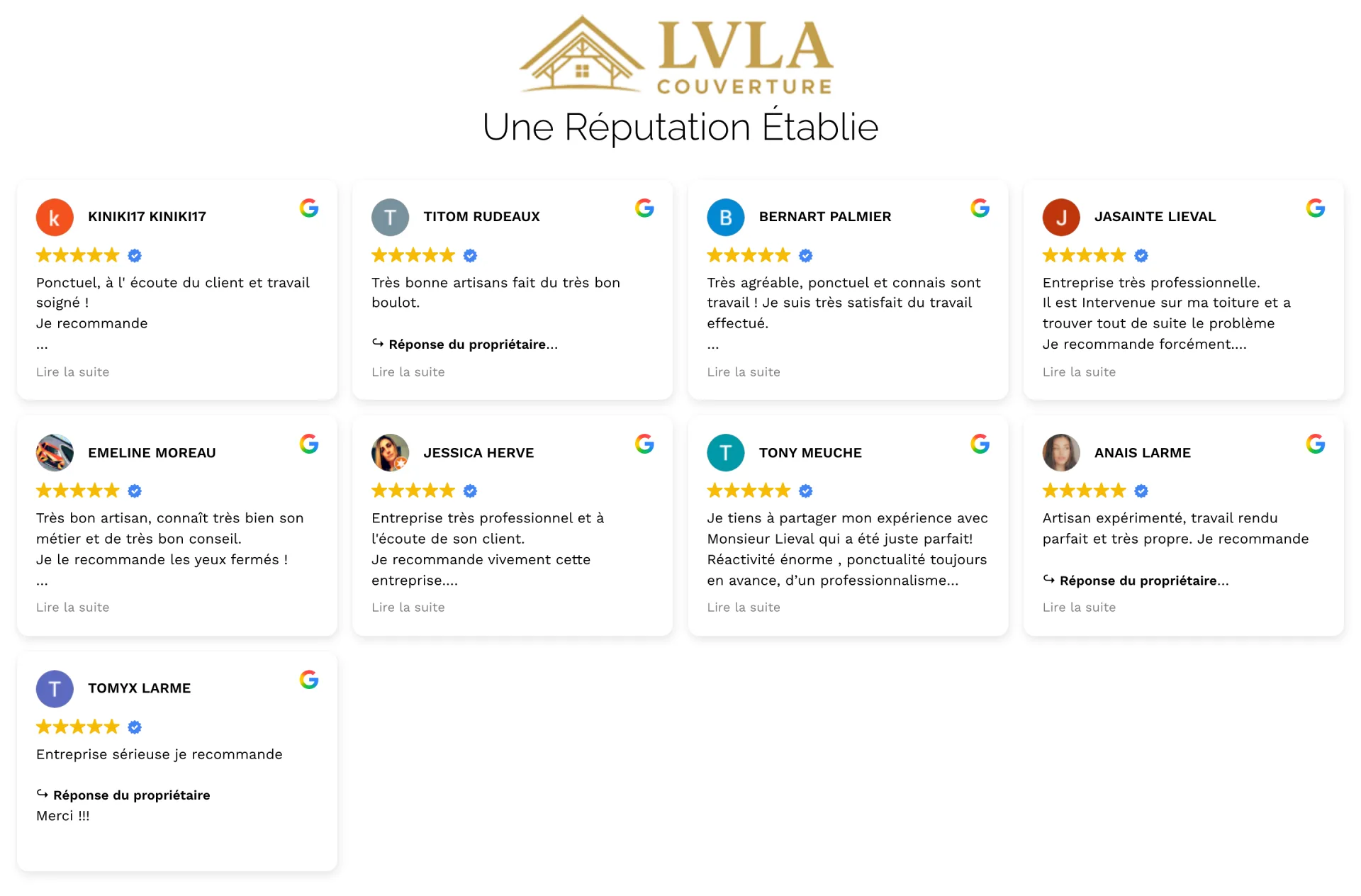 LVLA Couverture - Accueil, section Une Réputation établie : 9 avis Google vérifiés par Trustindex, avec les réponses de l'artisan à chaque client.