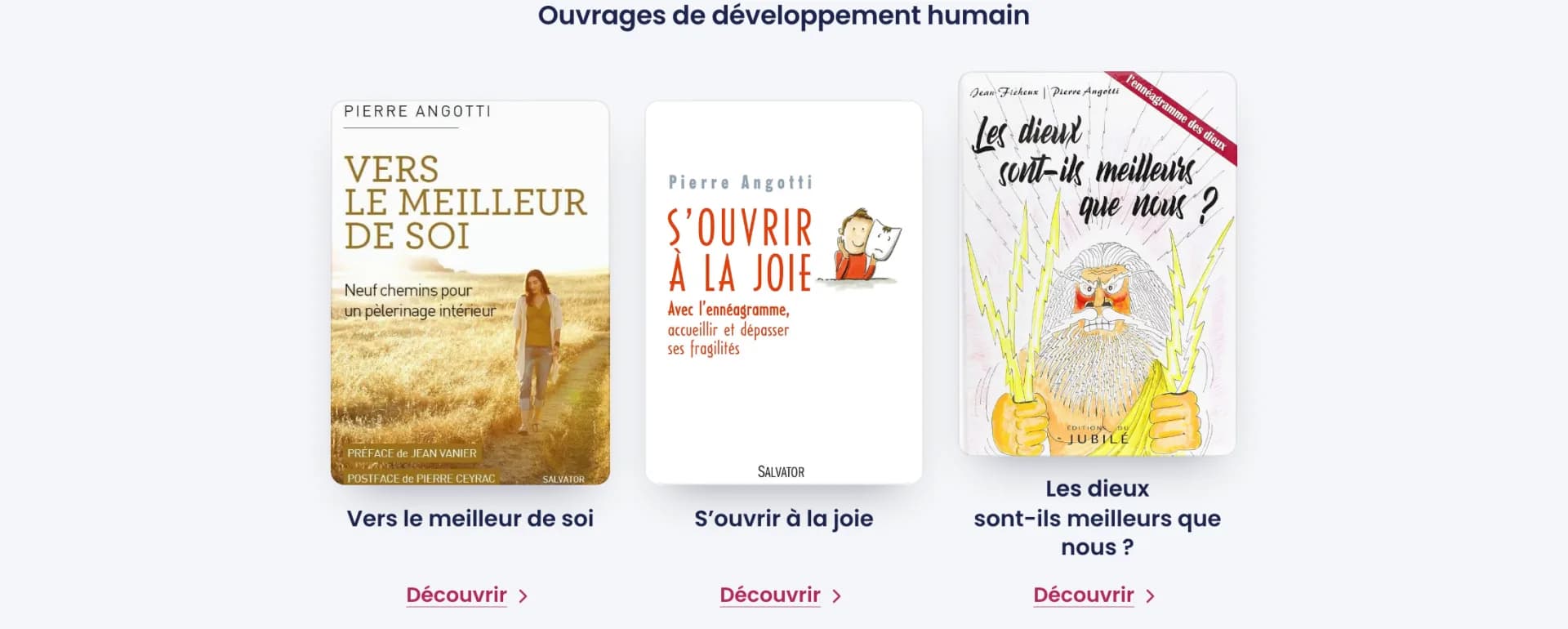 Pierre Angotti - Accueil : la bibliographie présente les ouvrages par famille, ici le développement humain, avec les couvertures et un lien de découverte vers la fiche de chaque livre.