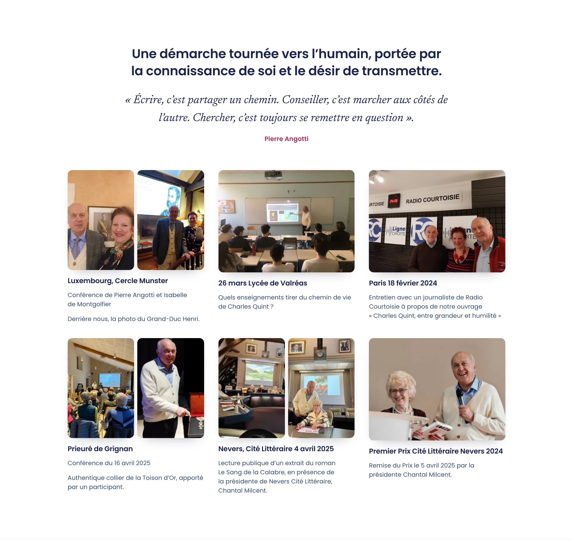 Pierre Angotti - Accueil : la démarche de l'auteur, tournée vers l'humain, et le palmarès de ses conférences et prix, jusqu'au Premier Prix de la Cité Littéraire de Nevers 2024.