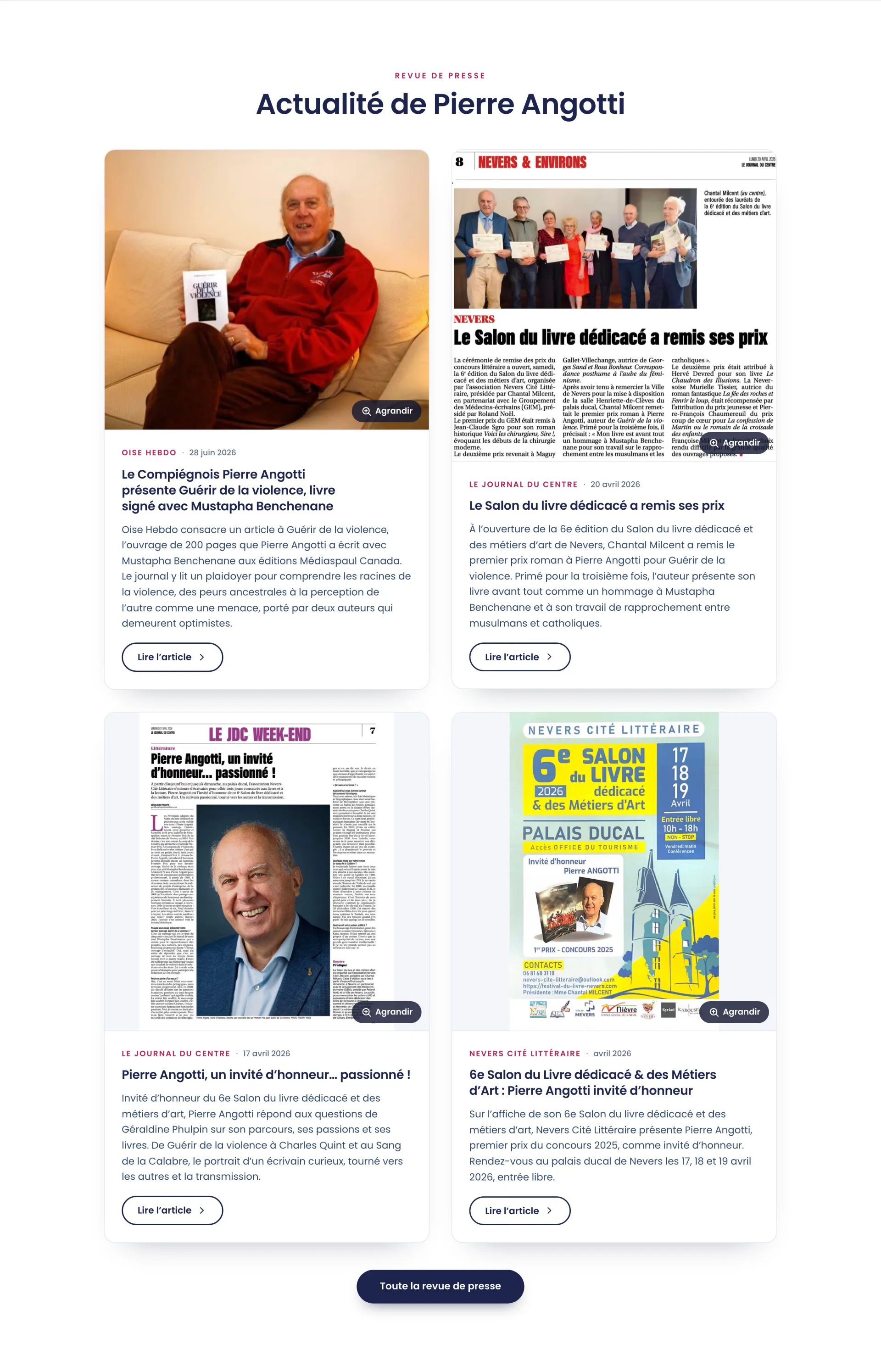 Pierre Angotti - Accueil : la revue de presse rassemble les coupures et articles de journaux consacrés à l'auteur (Oise Hebdo, Le Journal du Centre, Nevers Cité Littéraire), preuve concrète de sa reconnaissance.