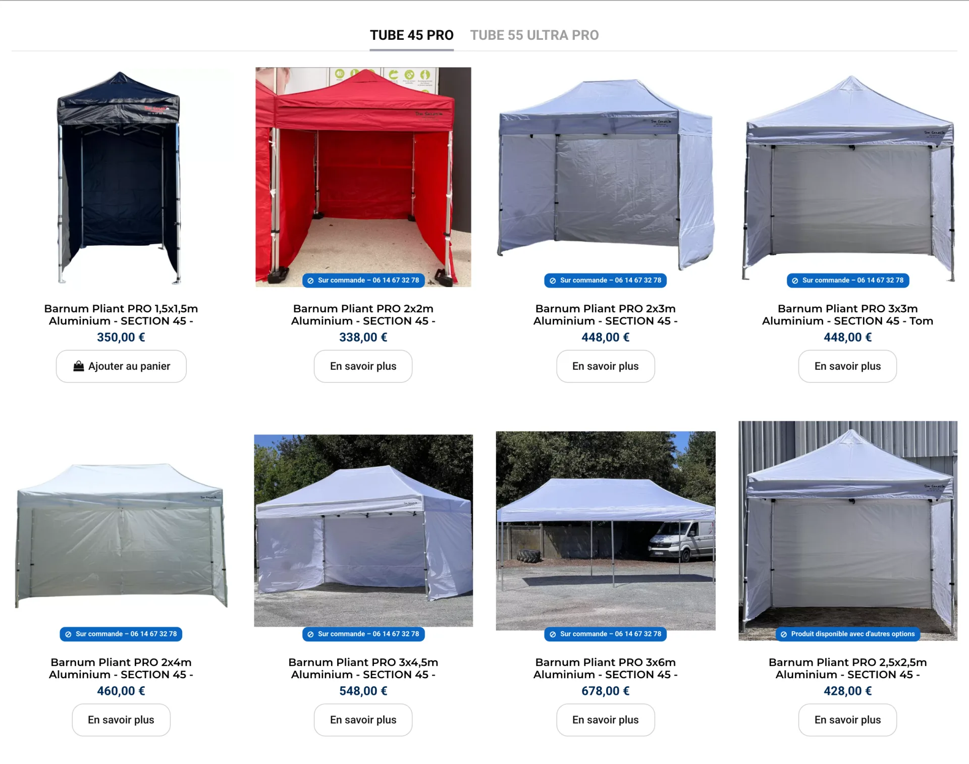 Tom Sanati - Accueil : les barnums best-sellers en onglets Section 45 PRO et Section 55 ULTRA PRO, avec tailles, prix TTC et arguments clés de chaque modèle.
