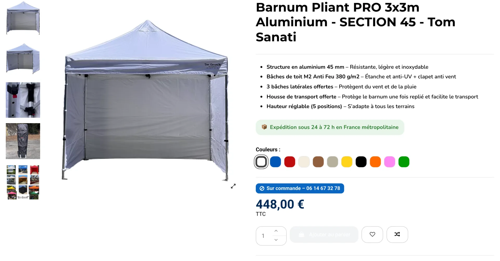 Tom Sanati - Page Produit : le barnum pliant PRO 3x3 m aluminium à 448 € TTC, avec galerie photo, choix parmi 11 couleurs de bâche, délai d'expédition et ajout au panier.