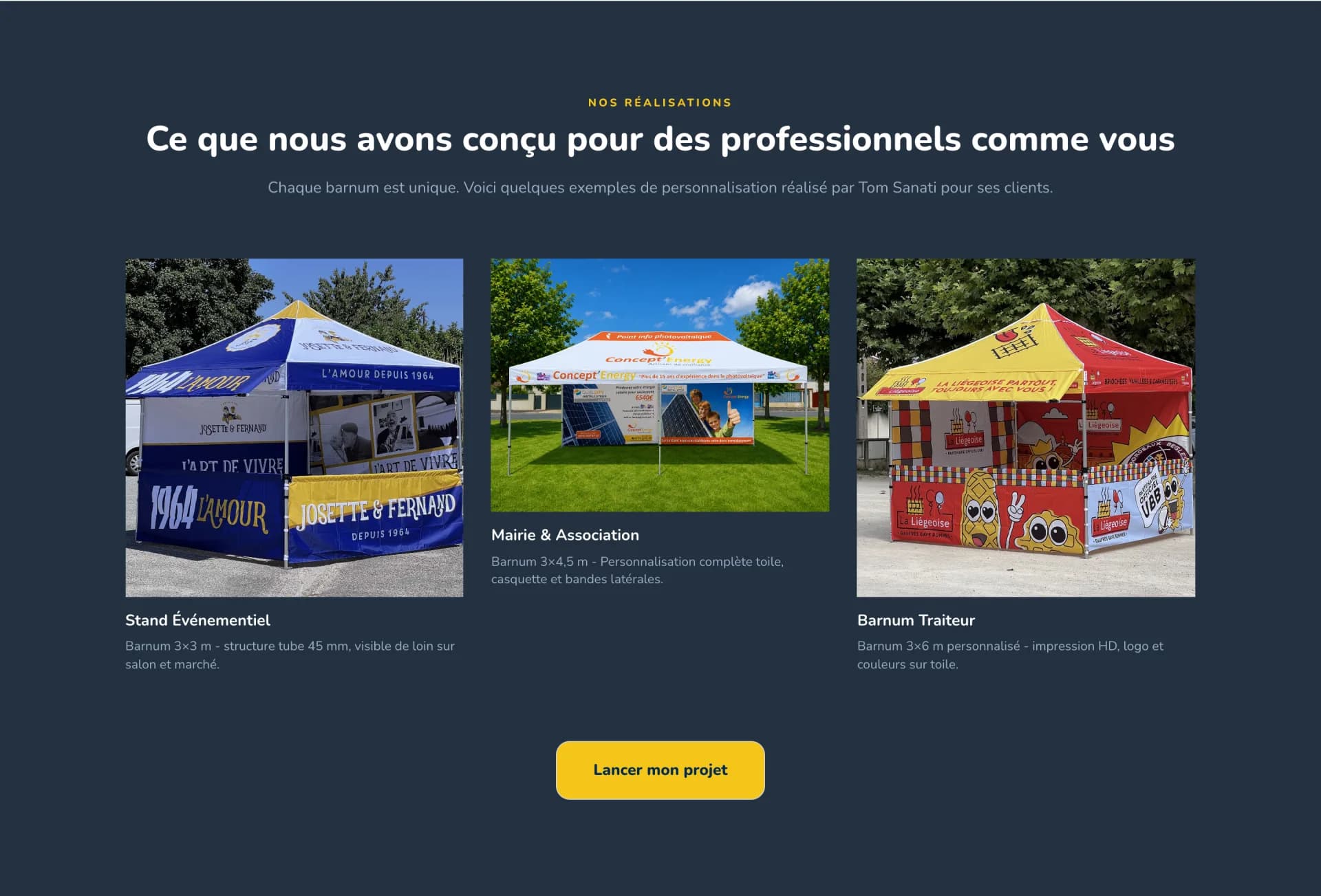 Tom Sanati - Page Personnalisation : trois réalisations clients (stand événementiel, mairie et association, traiteur) qui montrent le rendu réel de l'impression HD sur les toiles.